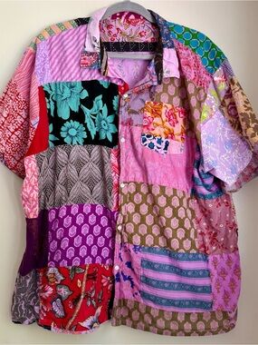 Patchwork Short-Sleeve Button-Down Shirt - Pink Multi